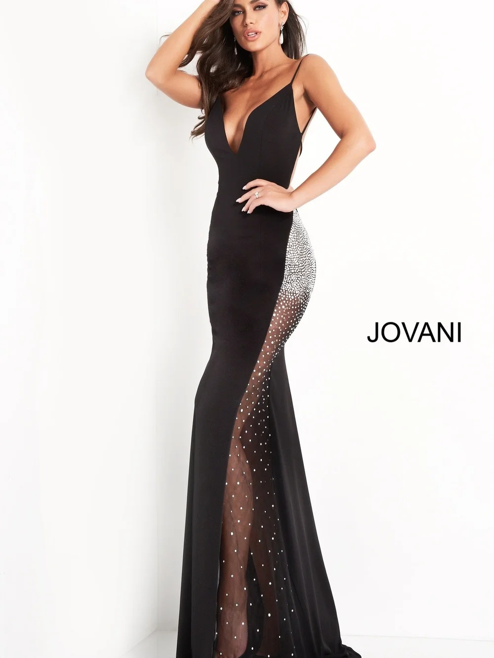 JOVANI Light Blue Backless Evening Gown with Embellished Sheer Panels